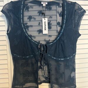 Garage Navy Floral Mesh Top